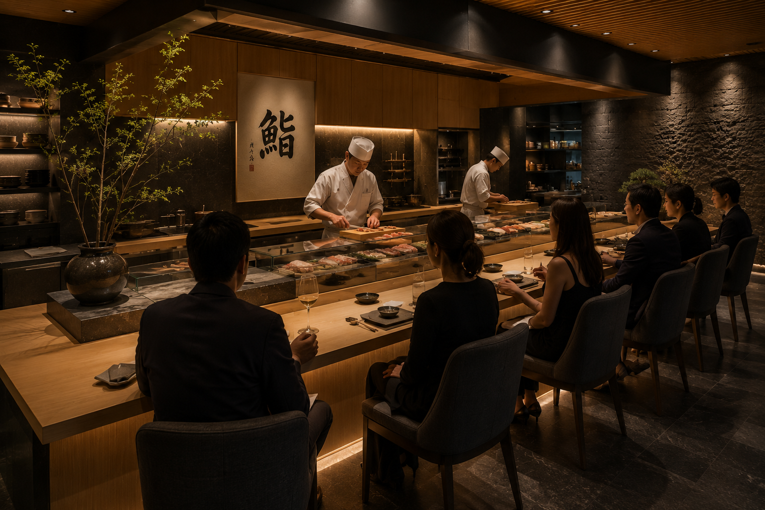 Gäste am edlen Sushi-Tresen, während der Itamae vor ihnen anrichtet