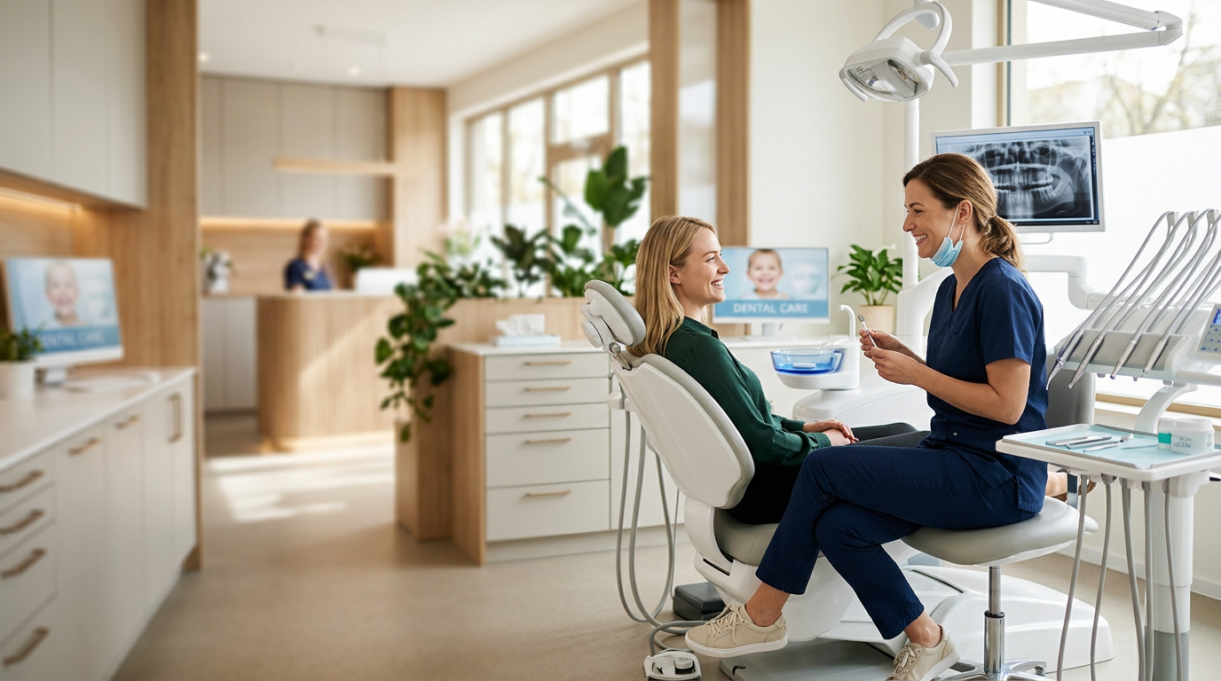Lächelnde Patientin im Gespräch mit der Zahnärztin – Praxis am Lindentor